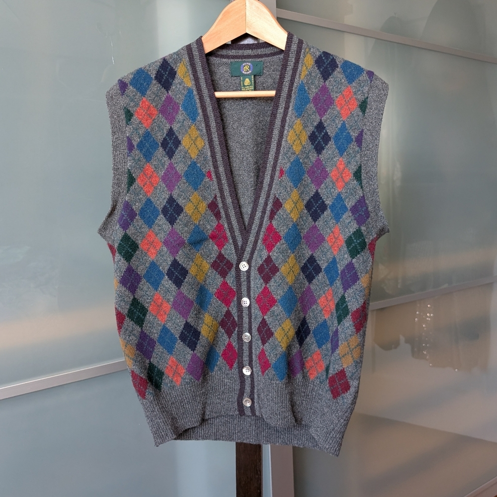 🐑Vintage Club Room Argyle Knit 100% Wool Grey Vest - Medium